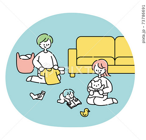 洗濯物を畳む夫と赤ちゃんのイラスト素材