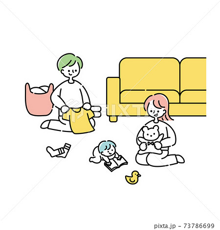 洗濯物を畳む夫と赤ちゃんのイラスト素材