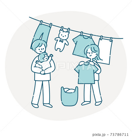 洗濯物を干す夫婦と赤ちゃんのイラスト素材