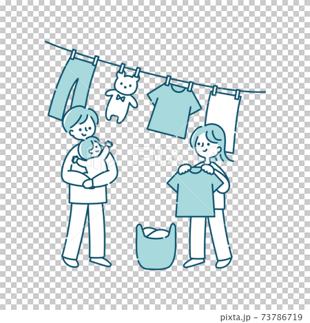 洗濯物を干す夫婦と赤ちゃんのイラスト素材