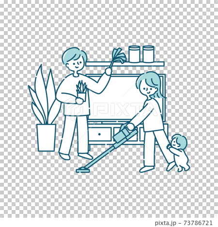 掃除をする夫婦と赤ちゃん 73786721