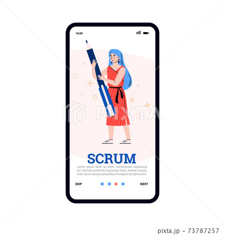 Vector mobile phone screen with female scrum team character. 73787257