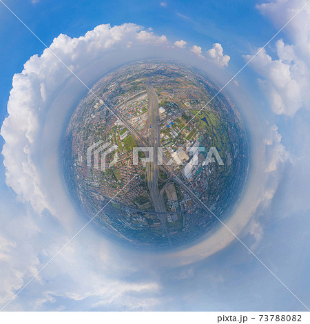 Little planet 360 degree sphere. Panorama of aerial view of cars driving on highway or moterway. Overpass bridge street roads in connection network. Urban city, Bangkok, Thailand. 73788082