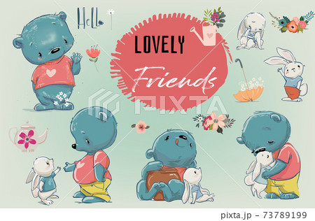 Lovely Bear And White Hare Collectionのイラスト素材