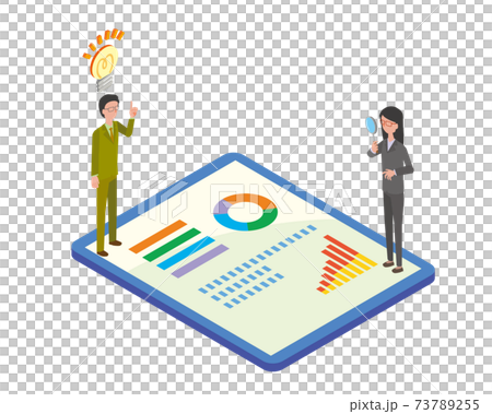 タブレット端末のデータを見て分析とアイデア出しのイメージイラストのイラスト素材