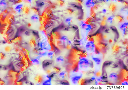 Funky background. Collage with plaster antique sculpture of human face in a pop art style. Modern creative concept image with ancient statue head. Contemporary art texture. Minimalism. Zine culture. 73789603