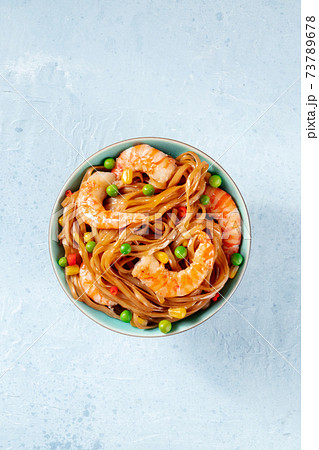 Spicy noodles with shrimps, top shot Spicy noodles with shrimps, top shot 73789678