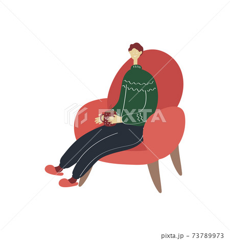 Happy young woman sitting in chair. Cozy home rest. Flat hand drawn vector illustration 73789973