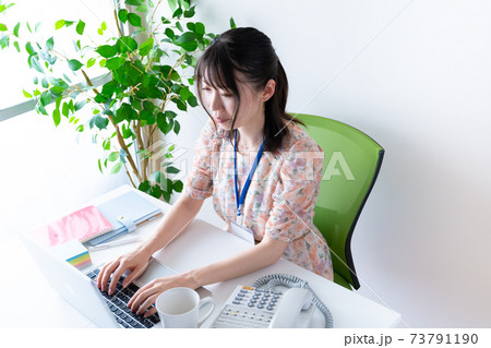 PCで仕事をするワンピースを着た若い女性 73791190