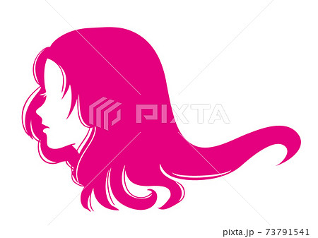 横顔シルエット ロングヘアピンク飾りなしのイラスト素材
