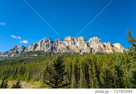 Castle Mountain Cliff Viewpoint in summer sunny day, Bow Valley Parkway, Banff National Park, Canadian Rockies, Alberta, Canada. 73792094