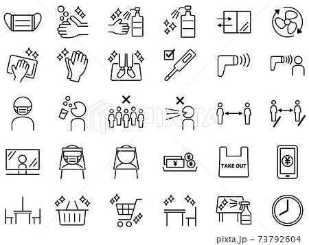 スーパーや店で使える感染対策アイコン　線画　ピクトグラム 73792604