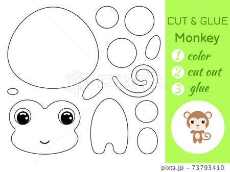 Coloring book cut and glue baby monkey. Educational paper game for preschool children. Cut and Paste Worksheet. Color, cut parts and glue on paper. Vector illustration. 73793410
