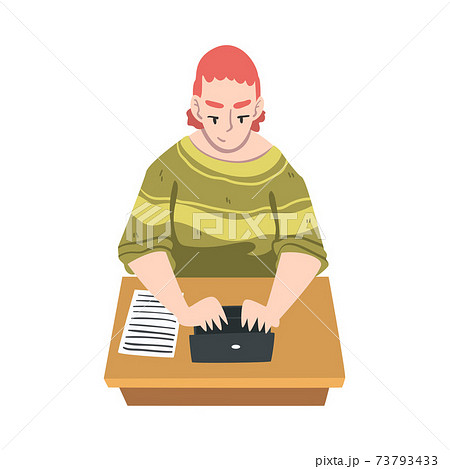 Professional Journalist at Desk Writing Article or Post on Laptop Vector Illustration Professional Journalist at Desk Writing Article or Post on Laptop Vector Illustration 73793433