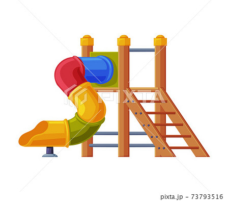 Colorful Wooden Slide with Tube and Ladder on Playground Vector Illustration 73793516