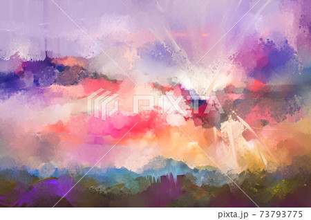 Abstract oil painting landscape. Semi abstract, colorful blue purple cloud and sun on sky. Illustration nature in summer or spring season with oil paint on canvas. Impressionism art for background 73793775