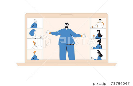 Video call conference. Online meeting. Digital communication. People talking to each other on laptop screen. Remote teamwork. Vector color line art illustration. 73794047