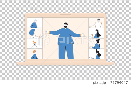 Video call conference. Online meeting. Digital communication. People talking to each other on laptop screen. Remote teamwork. Vector color line art illustration. 73794047
