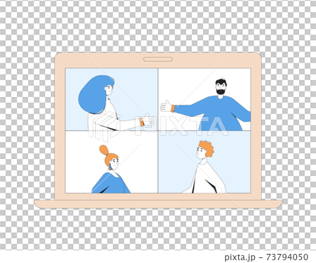 Video call conference. Online meeting. Digital communication. People talking to each other on laptop screen. Remote teamwork. Vector color line art illustration. 73794050