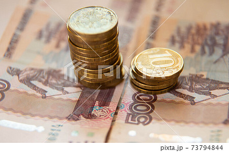 Russian edits and paper billsruble bills of 500 and coins of rubles 10 each Russian edits and paper billsruble bills of 500 and coins of rubles 10 each 73794844