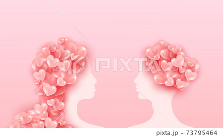 Silhouette of young man and woman with love balloons shaped looking at each other. Happy charming couple in love. 73795464