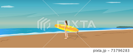 波乗りをしようとサーフボードを抱えてビーチに立つ水着の女性 海 リゾート サーフィン サーファーのイラスト素材