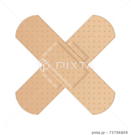 Realistic water resistant perforated medical plasters. Plastic adhesive tape cross form, protection and health care first aid object, vector isolated on white background illustration Realistic water resistant perforated medical plasters. Plastic adhesive tape cross form, protection and health care first aid object, vector isolated on white background illustration 73796809