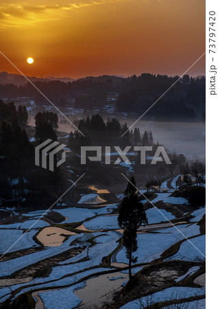 まだ雪の残る十日町市蒲生の棚田に赤い朝日が昇るの写真素材