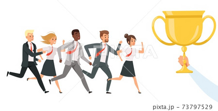 Business people competition. Man woman run to trophy, gold cup for best employee vector concept Business people competition. Man woman run to trophy, gold cup for best employee vector concept 73797529