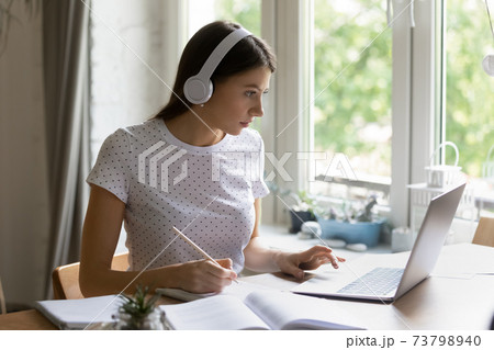 Female student passing exam from home via virtual education platform Female student passing exam from home via virtual education platform 73798940