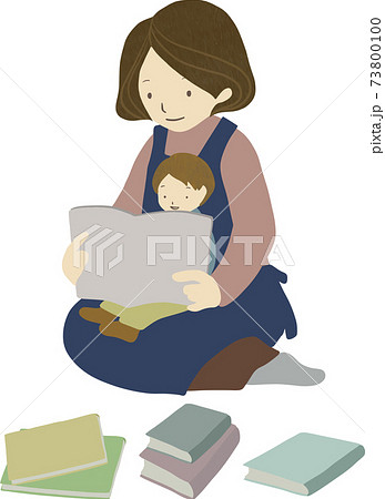 お母さんの膝の上で絵本を読んでもらっている赤ちゃんと本の手描き 