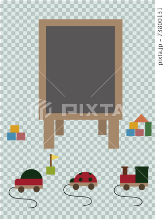メッセージボードや木製の積み木や紐引き車の落ち着いた色合いの手描きイラスト 73800131