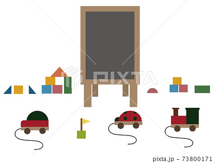 メッセージボードや木製の積み木や紐引き車の落ち着いた色合いの手描きイラストのイラスト素材