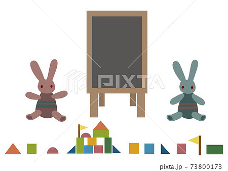 メッセージボードや木製の積み木 ぬいぐるみの落ち着いた色合いの手描きイラストのイラスト素材