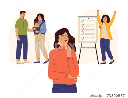 Woman choose between family and work. Life choice, successful female characters. Cartoon parents with baby, good employee and thinking girl vector concept 73800677