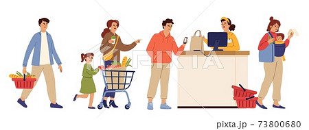 Store queue. Cartoon waiting line, food shopping market or supermarket. Customer group, people crowd in grocery to pay. Buyers and cashier vector characters 73800680