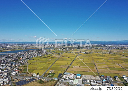 【ドローン撮影】静岡県磐田市福田漁港周辺田畑から富士山も見えます。晴天の秋11月撮影お米収穫 73802394