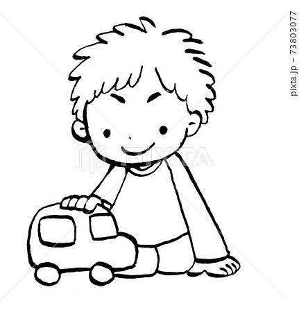 車のおもちゃで遊ぶ男の子のイラスト線画のイラスト素材