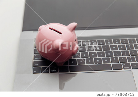 Piggy bank with laptop on a white desk Piggy bank with laptop on a white desk 73803715