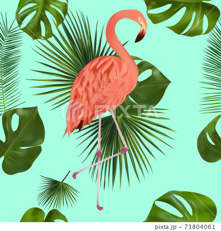 Tropical Leaf And Pink Flamingo On Green のイラスト素材