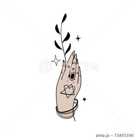 Witch hand with plant, magical tattoo in boho design, witchcraft for Halloween. Magic hand drawing, female palm sketch, vector illustration isolated on white background Witch hand with plant, magical tattoo in boho design, witchcraft for Halloween. Magic hand drawing, female palm sketch, vector illustration isolated on white background 73805390