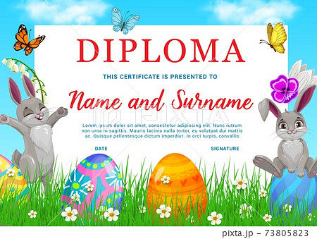 Kindergarten kid diploma with Easter rabbits, eggs 73805823