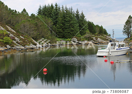 水面に映る森とボート, ホルダラン, ノルウェー 73806087