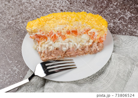 Traditional russian salad Mimosa with vegetables and fish. Layered salad with potatoes, tuna, carrot, onion, eggs and mayonnaise. Traditional russian salad Mimosa with vegetables and fish. Layered salad with potatoes, tuna, carrot, onion, eggs and mayonnaise. 73806524