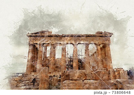 Watercolor illustration of the Parthenon, the ruins of an ancient monument in the Acropolis. Athens, Greece. Watercolor illustration of the Parthenon, the ruins of an ancient monument in the Acropolis. Athens, Greece. 73806648