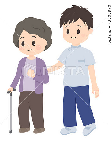 杖をついて歩くおばあちゃんのイラスト 片麻痺 リハビリのイラスト素材