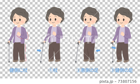 左片麻痺 杖での歩き方のイラスト 健側に杖のイラスト素材