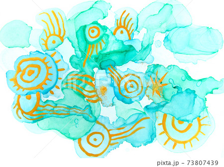 Blue and green watercolor drops with gold with gold abstract doodles Blue and green watercolor drops with gold with gold abstract doodles 73807439