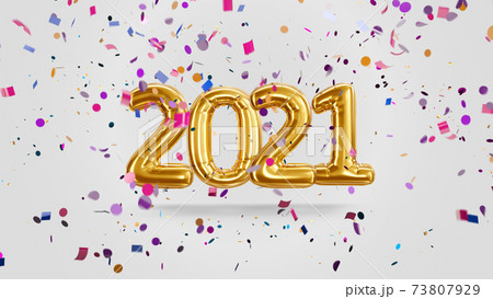 3d render Inscription 2021 from golden balloons on a white background with candy 3d render Inscription 2021 from golden balloons on a white background with candy 73807929