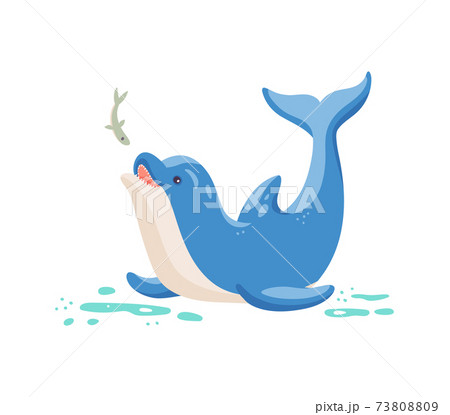 Blue cartoon cute dolphin is swimming and fishing in water a vector illustration Blue cartoon cute dolphin is swimming and fishing in water a vector illustration 73808809